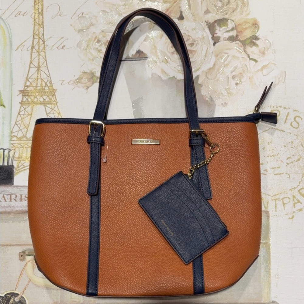 NWT Anne Klein Tote, Zipper Closurse, Navy and Rust, Zippie/Wallet Included
